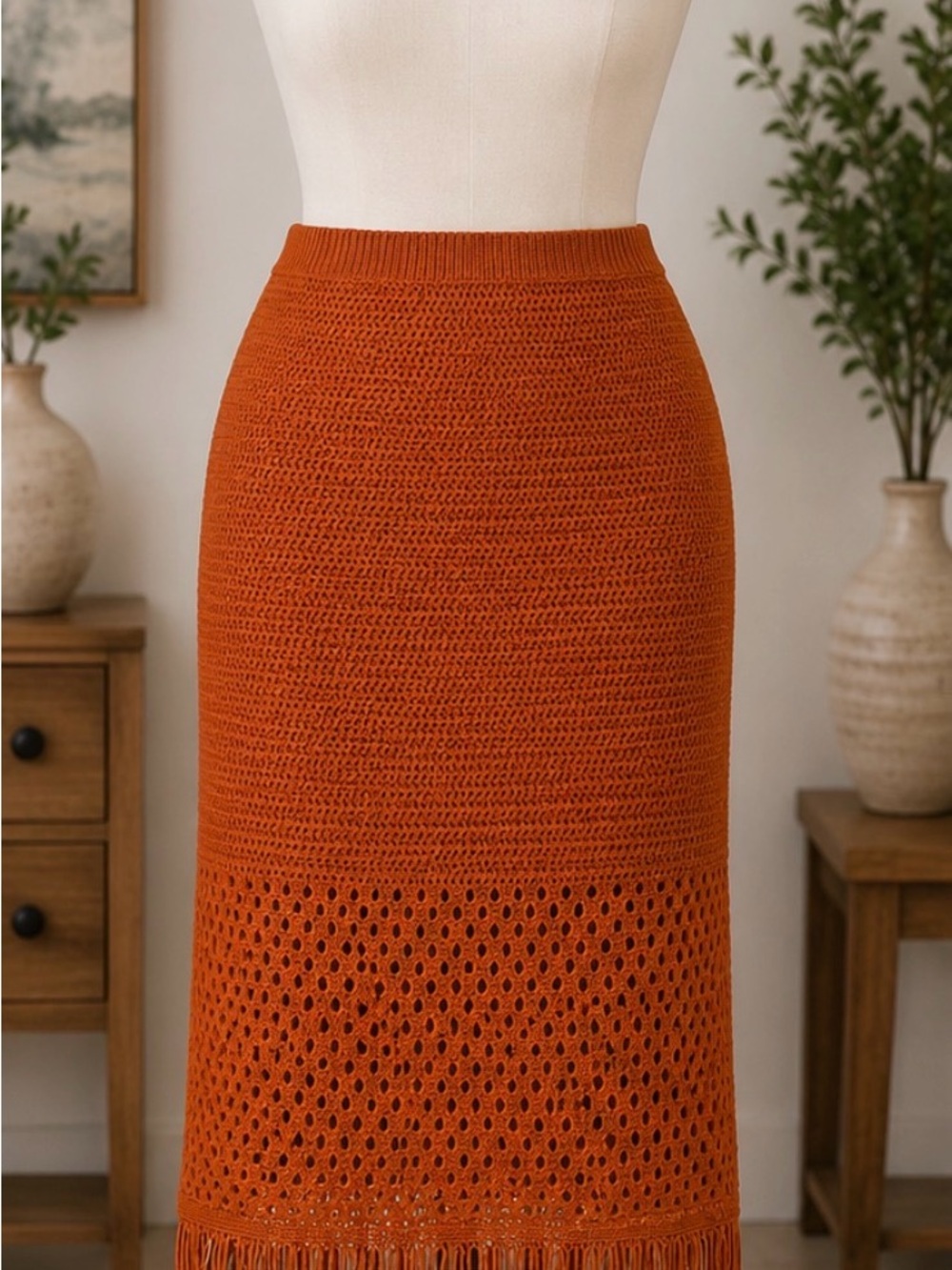 Textured Crochet Midi Skirt in Burnt Orange